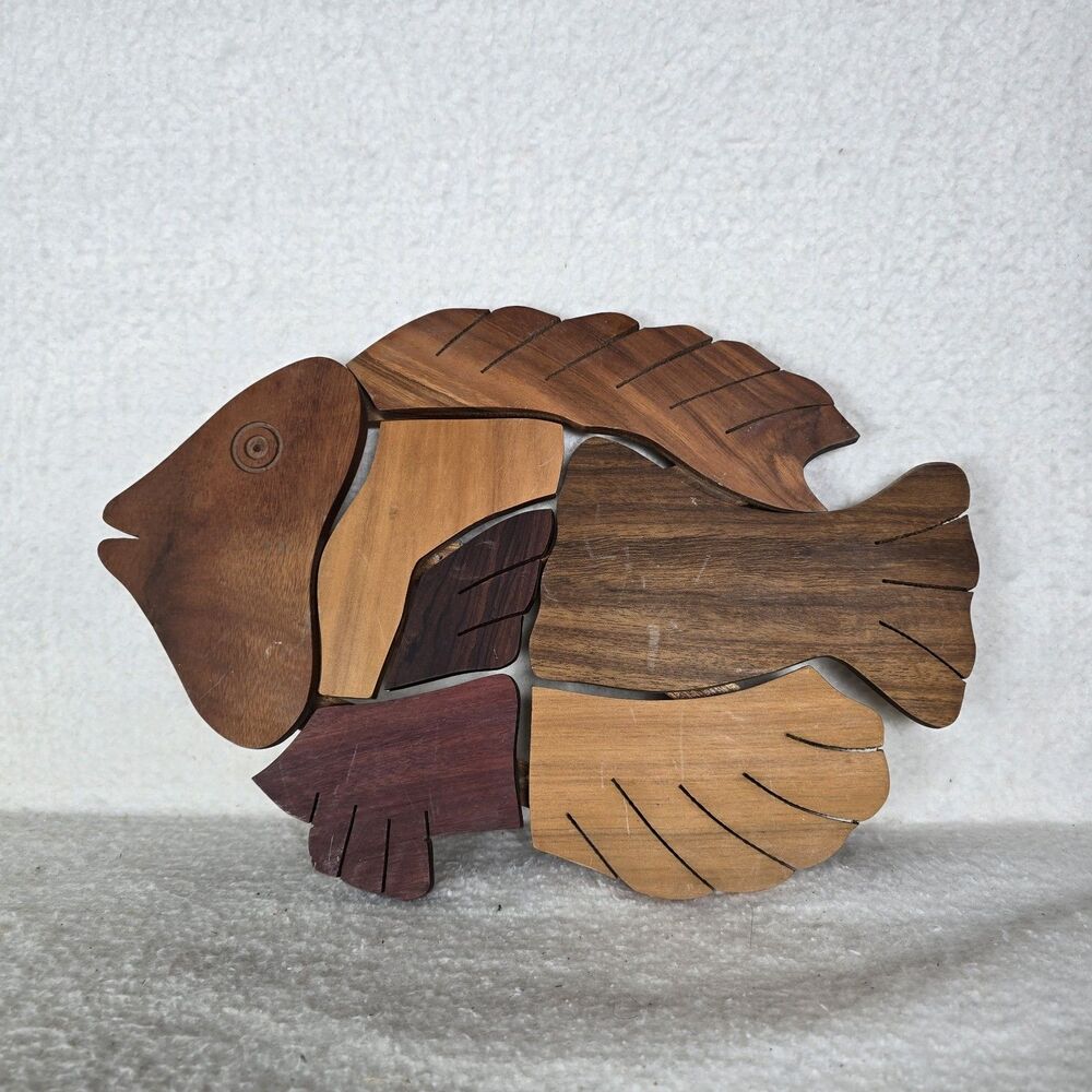 Intarsia Fish Plaque Wood Puzzle Art Wall Hanging Folk Art Hand Crafted 13.5”